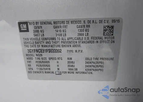 2015 Cadillac Srx Performance Collection из США, поврежденный, VIN 3GYFNCE31FS633392